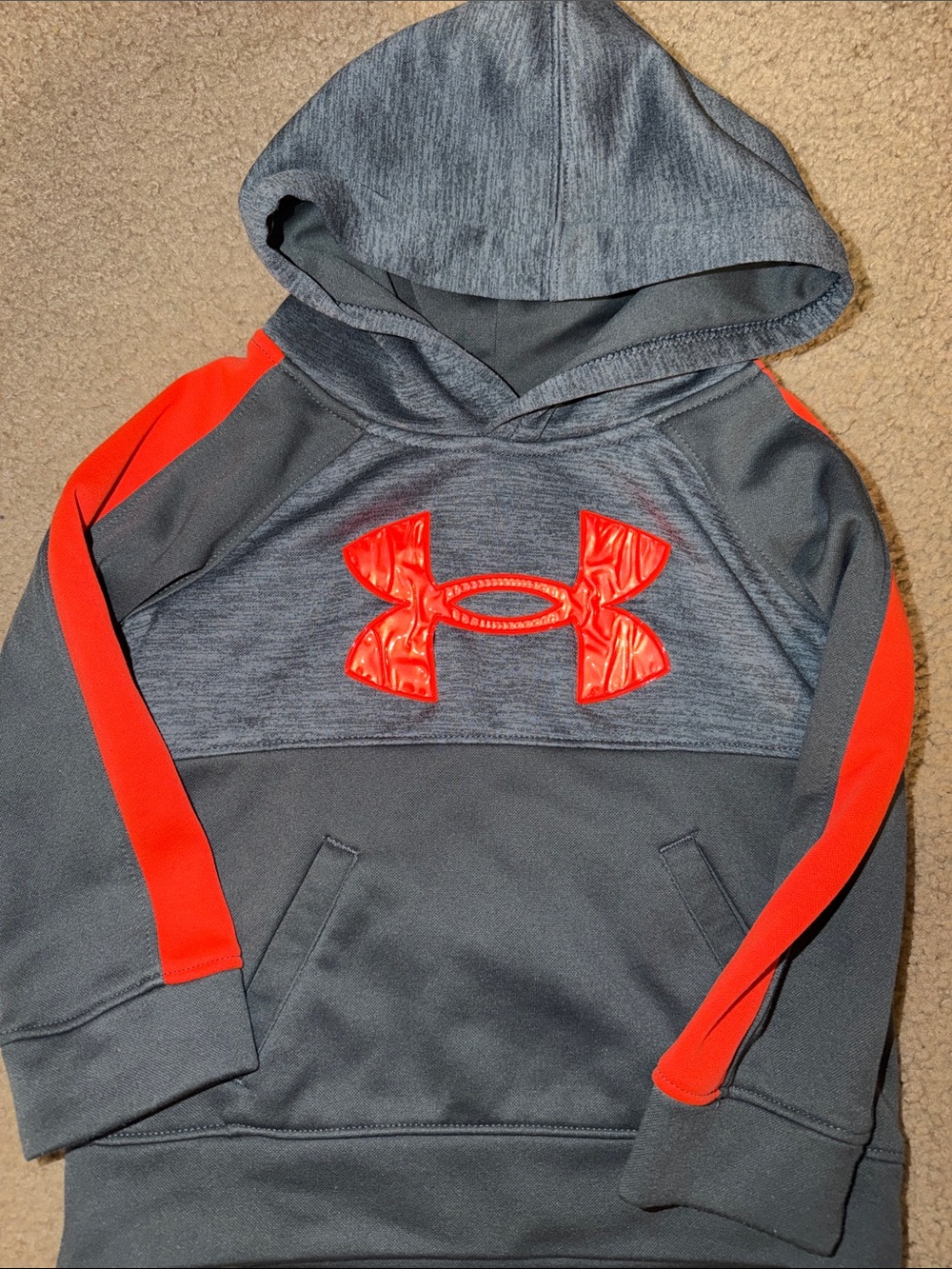 Under Armour Gray Hoodie with Bright Red Logo and Sleeve Stripes